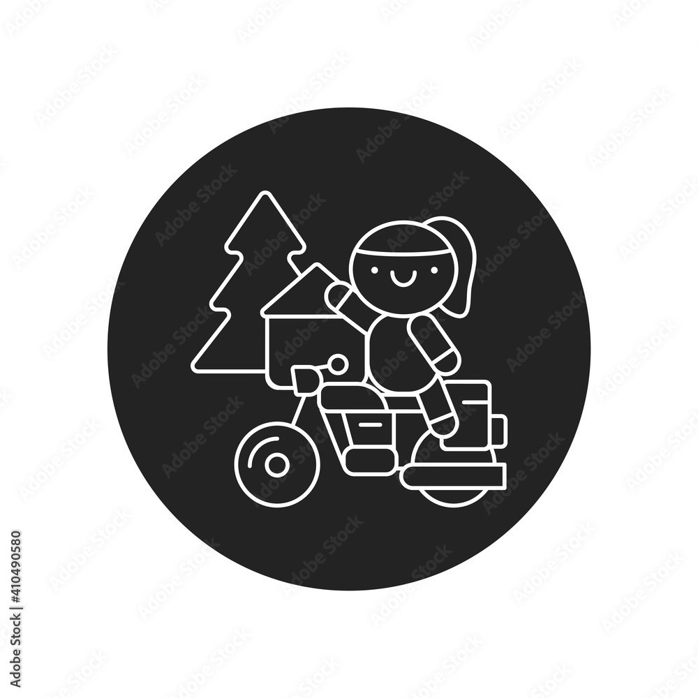 Cute girl on motorcycle glyph black icon. Outdoor activities kawaii pictogram. Sign for web page, mobile app, button, logo. Vector isolated element. Cute girl on motorcycle glyph black icon. Outdoor activities kawaii pictogram. Sign for web page, mobile app, button, logo. Vector isolated element.