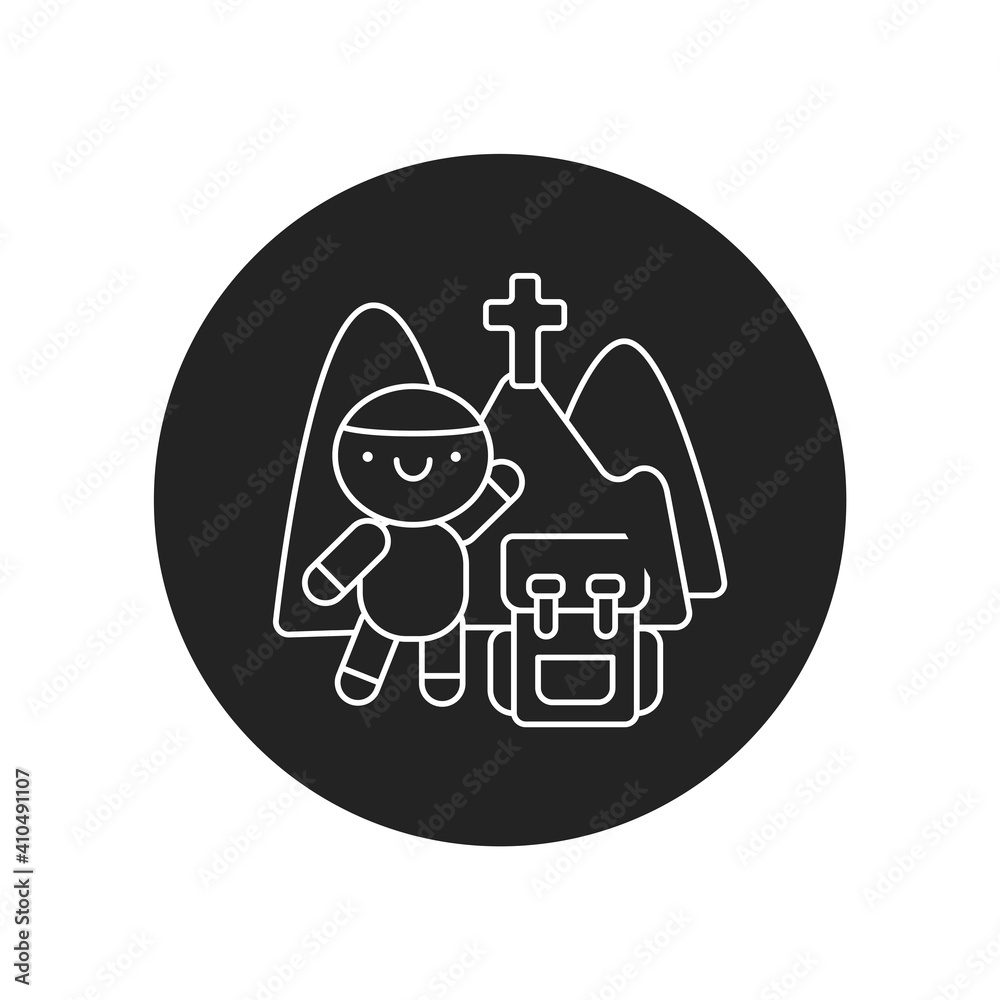 Pilgrimage glyph black icon. Cute character with backpack kawaii pictogram. Sign for web page, mobile app, button, logo. Vector isolated element. Pilgrimage glyph black icon. Cute character with backpack kawaii pictogram. Sign for web page, mobile app, button, logo. Vector isolated element.