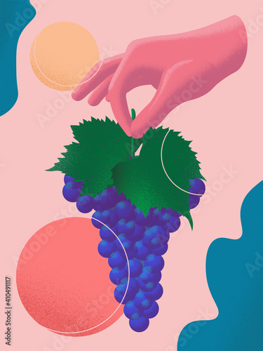 The hand holds a bunch of grapes. Grainy texture. Abstract background with geometric shapes.