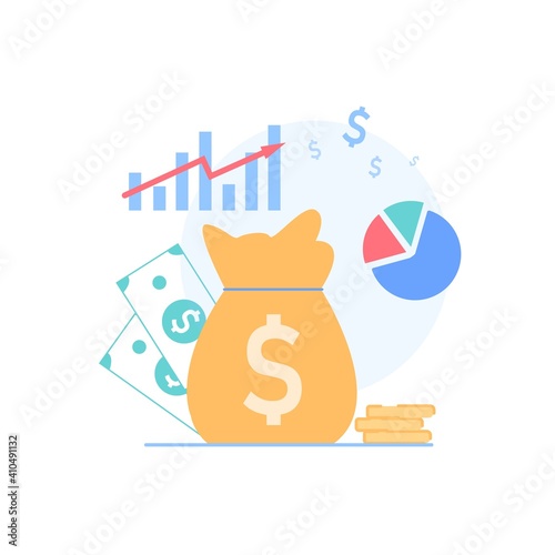 Vector cartoon flat financial symbols for education class business course.Gold coins,money bag,graph,diagram-financial literacy,investments,budget money management,web site banner ad concept