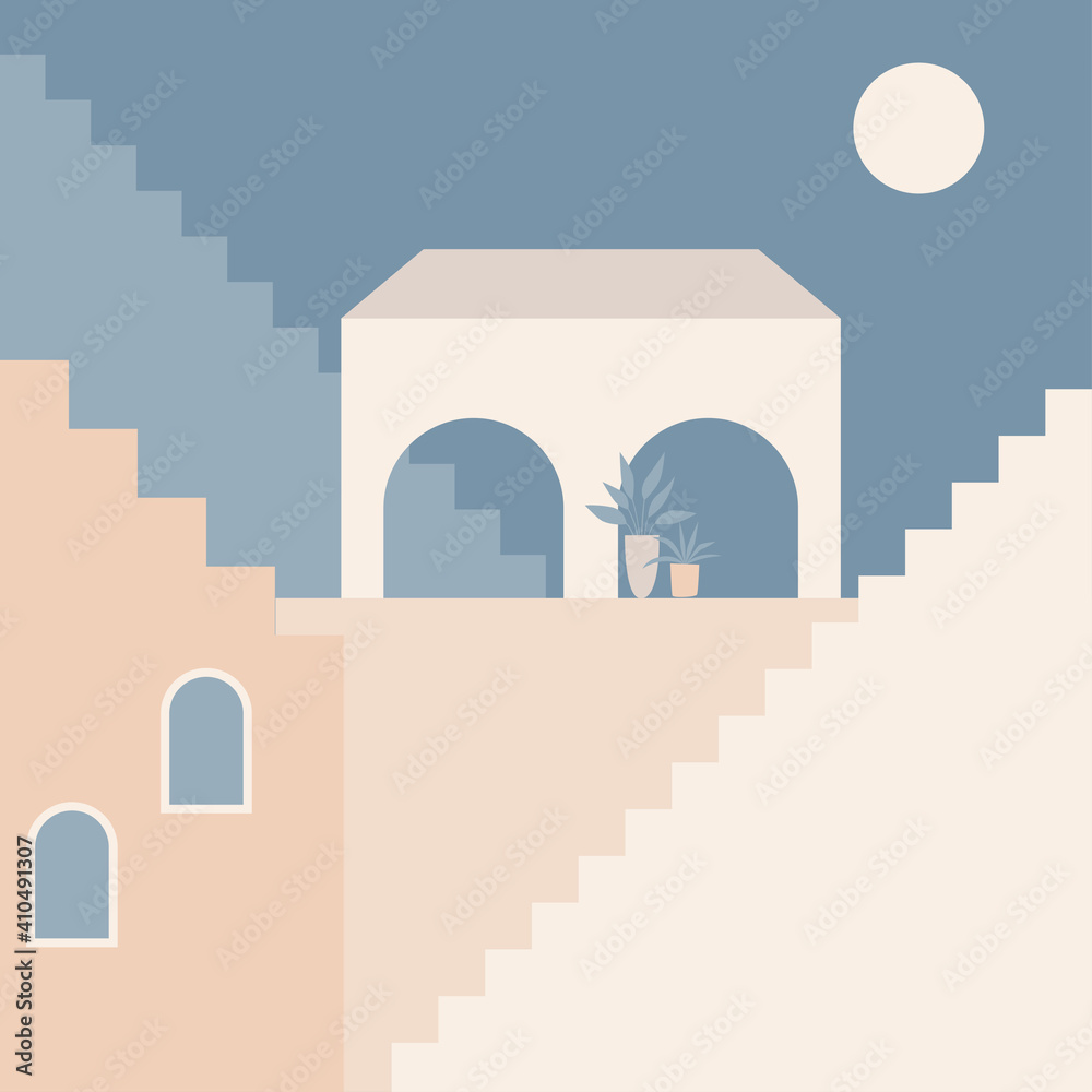 Old city minimalist boho illustration. Boho summer old city with stairs pattern for design tourism agency flyer, summer birthday greeting card, resort party advertising etc. Old city minimalist boho illustration. Boho summer old city with stairs pattern for design tourism agency flyer, summer birthday greeting card, resort party advertising etc.