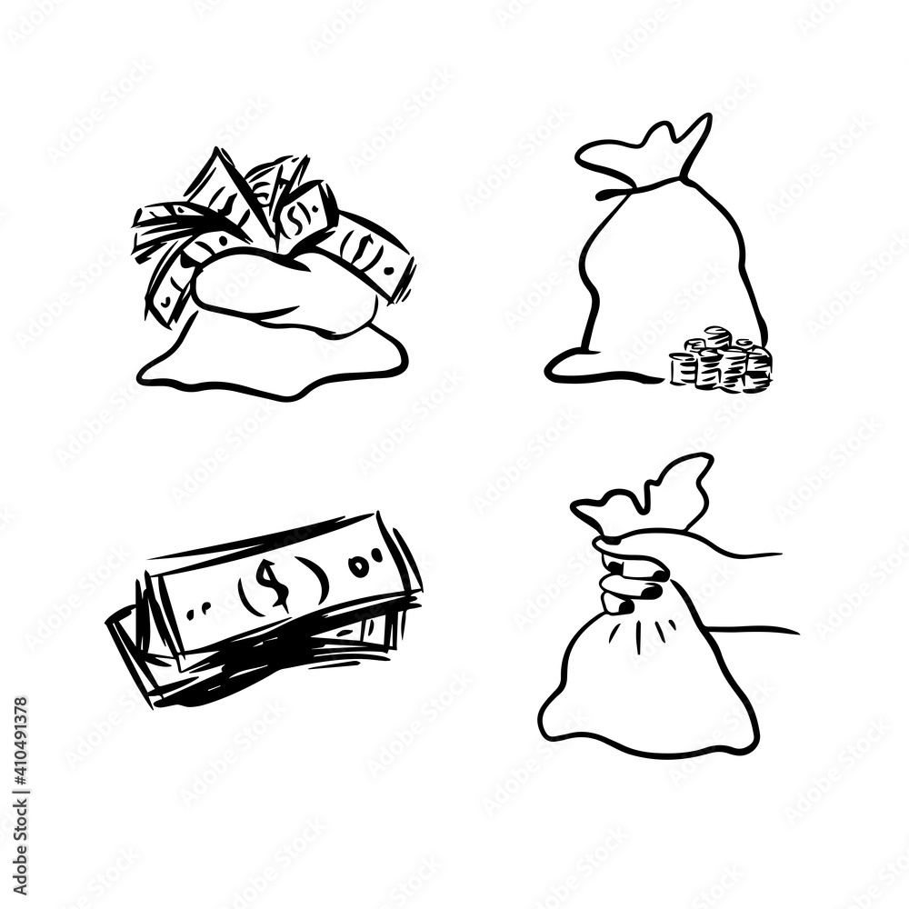 Bags of money icon logo in vector hand drawn style isolated on white background Bags of money icon logo in vector hand drawn style isolated on white background