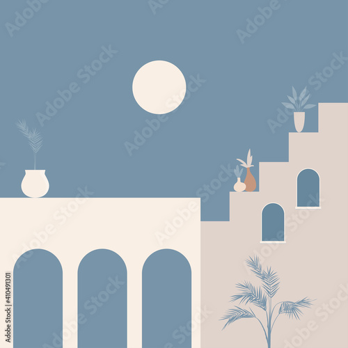 Old city minimalist boho illustration. Boho summer old city with stairs pattern for design tourism agency flyer, summer birthday greeting card, resort party advertising etc.