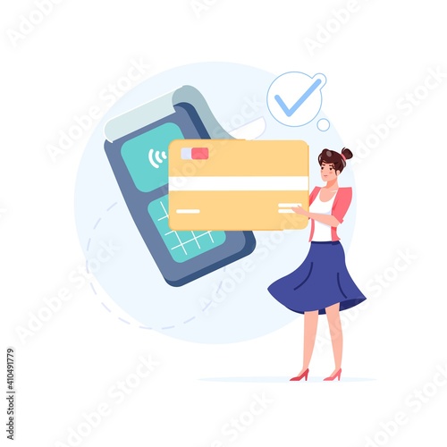 Vector cartoon flat girl character makes nfc contactless payment.Happy customer buy goods,make wireless pay with nfc smart card-modern payment technology,online web site ad banner concept design
