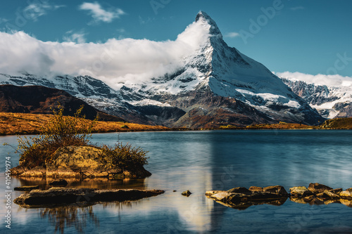 Matterhorn reflection in the lake Stellisee  Switzerland. Landscape photography at the Stellisee