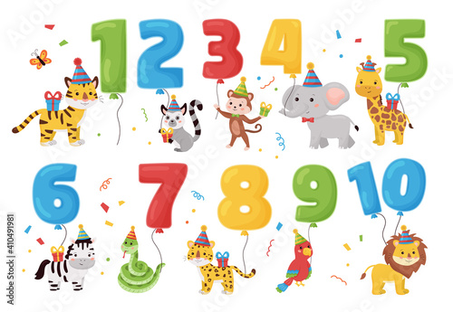 Fototapeta Naklejka Na Ścianę i Meble -  Jungle animals with numbers balloons, gifts and hats. Vector cartoon characters. Illustration for Birthday invitations and greeting cards.