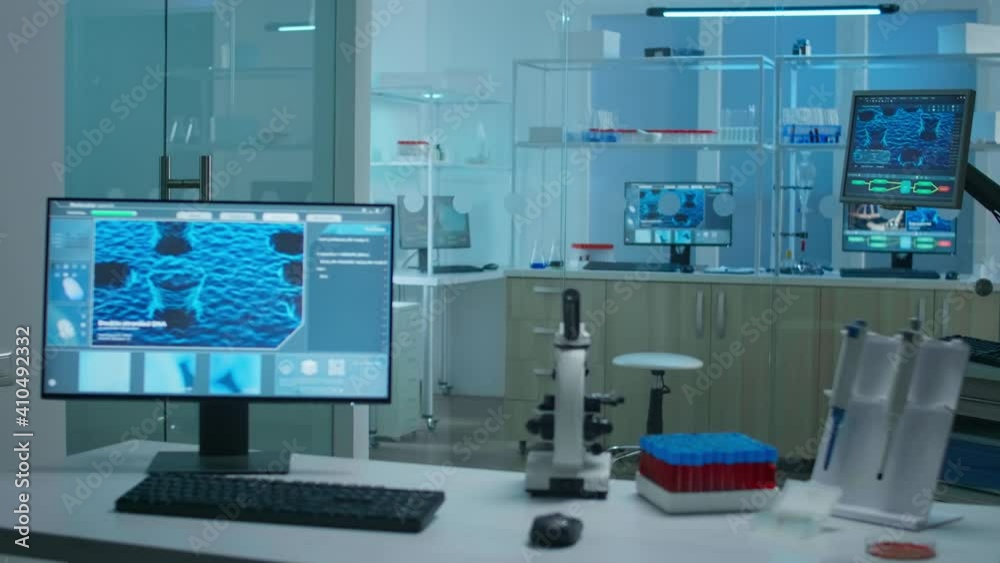 Interior of modern scientist modern biological lab with empty background prepared for vaccine development against covid19 virus using high tech, microbiology tools for scientific research.