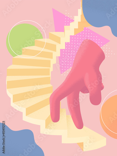 Vector illustration. Hand run to goal, move up motivation, the path to the target's achievement. Abstract background with geometric shapes.