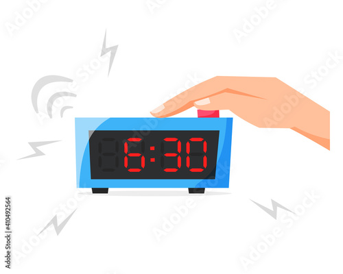 Turn of ringing alarm clock, pressing button on electronic clock, early morning concept, waking up early, flat vector illustration