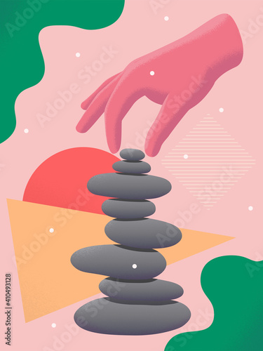 Hand and rock balancing or stone balancing. Grainy texture. Abstract background with geometric shapes.
