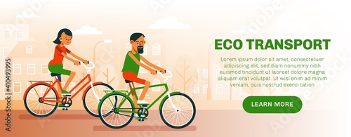 Eco transport flyer. Man and woman ride bicycles on the city background. People cyclists. Vector cartoon illustration.