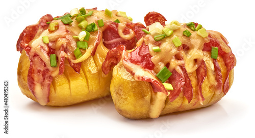Baked loaded potatoes with cheese, isolated on white background