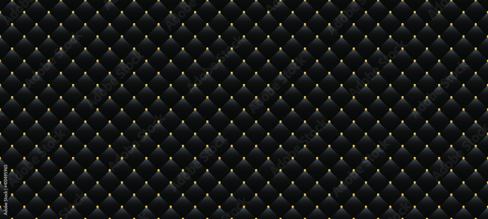 Plakat Luksusowe czarne tło ze złotymi koralikami. Ilustracja wektorowa bez szwu. Tło tapicerki.