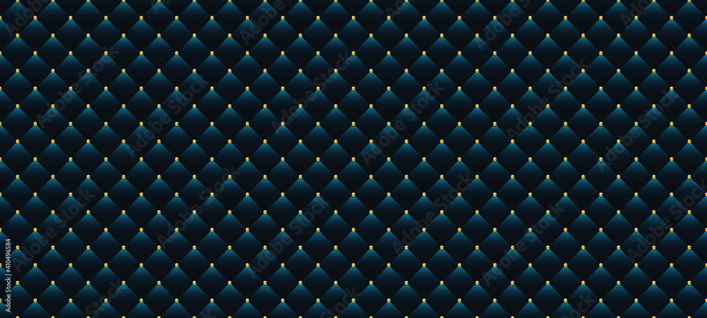 Plakat Luksusowe niebieskie tło w stylu retro ze złotymi koralikami. Ilustracja wektorowa bez szwu. Tło tapicerki.