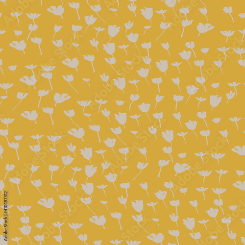 tulips field seamless vector pattern in yellow colorway. Spring themed surface print design for fabrics, stationery, scrapbook paper, gift wrap, home decor, backgrounds, textiles, and packaging.