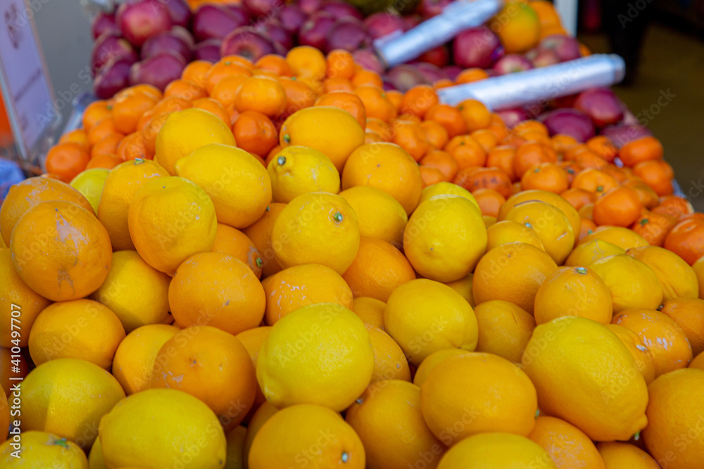 Street trading. Lemons and oranges are on the counter of a vegetable shop. Street trading. Lemons and oranges are on the counter of a vegetable shop.