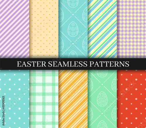 Easter seamless Patterns set. Eggs, Gingham, Polka Dot and Striped pattern designs collection. Endless texture for web page, picnic tablecloth, wrapping paper. Pattern templates in Swatches panel.
