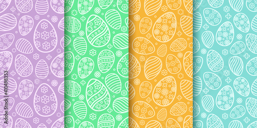 Easter seamless Patterns set in pastel colors. Eggs with ornament pattern designs collection. Endless texture for web page, picnic tablecloth, wrapping paper. Pattern templates in Swatches panel.