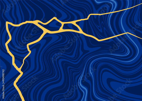 Abstract golden lines on a blue stone in the style of Japanese kintsugi. Modern vector pattern. background