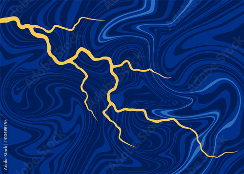 Abstract curved golden lines on a blue stone background in the style of Japanese kintsugi. Modern vector background.