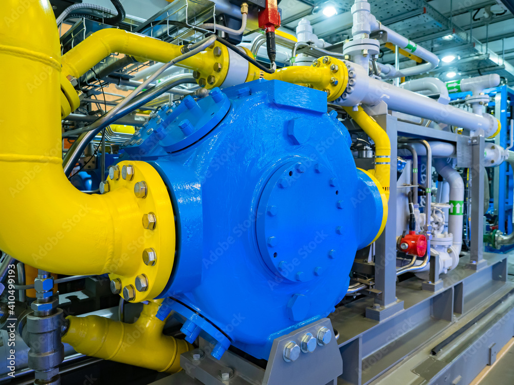 Gas processing station. Pumping equipment at the gas station. Blue