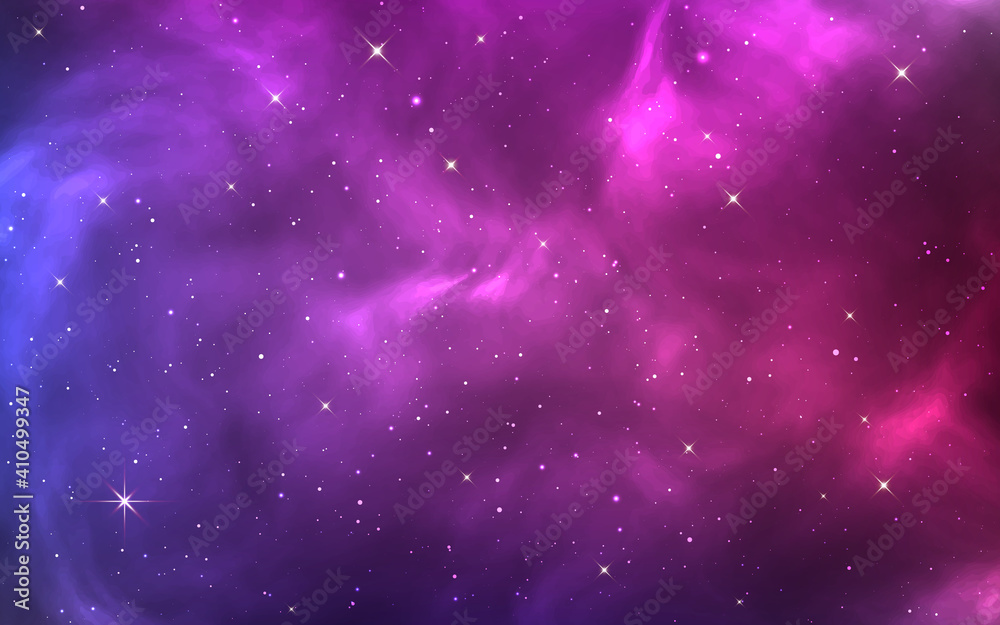 Space background. Bright purple cosmos. Magic stardust and shining stars. Colorful nebula and milky way. Realistic blue galaxy. Beautiful outer space. Starry universe. Vector illustration - obrazy, fototapety, plakaty 