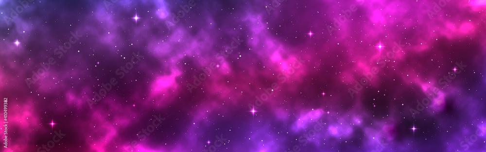 Space background wide. Cosmic backdrop with stars and nebula. Realistic cosmos with stardust. Magic colorful galaxy. Long milky way. Vector illustration - obrazy, fototapety, plakaty 