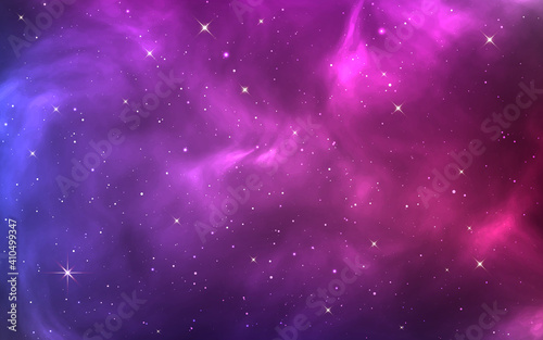 Space background. Bright purple cosmos. Magic stardust and shining stars. Colorful nebula and milky way. Realistic blue galaxy. Beautiful outer space. Starry universe. Vector illustration