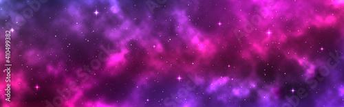 Space background wide. Cosmic backdrop with stars and nebula. Realistic cosmos with stardust. Magic colorful galaxy. Long milky way. Vector illustration