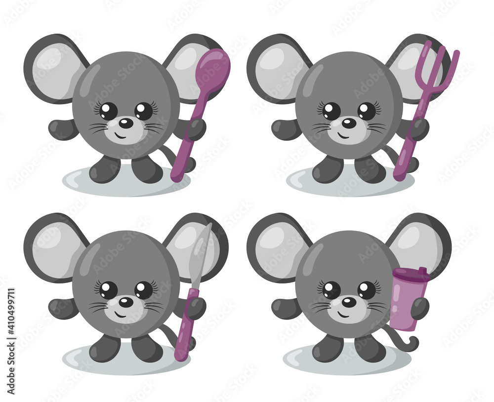 Set of funny cute kawaii mouse with round body, spoon, fork, knife and cup in flat design with shadows. Isolated animal vector illustration with cutlery	
