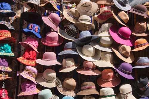 Traditional Peruvian hats at the market in Urubamba, Sacred Valley, Peru