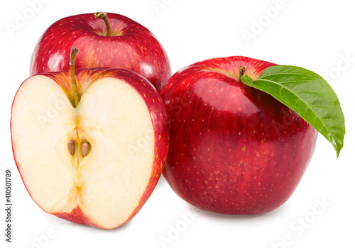 red apple with green leaf isolated on white background. clipping path.