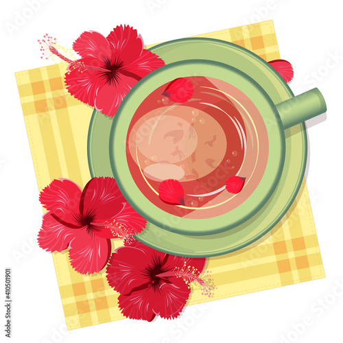 Karkade tea in a green clay mug, hibiscus flowers on a bright yellow napkin, country style, top view. Herbal tonic drink. Vector flat illustration.
