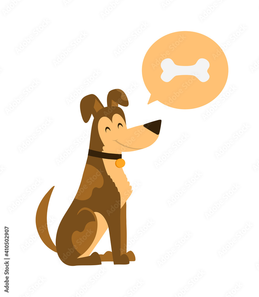 Obraz premium Cartoon brown dog sitting and thinking about the bone. dog in a funny style flat. Dear friend and pet. A pet with a large nose and tail
