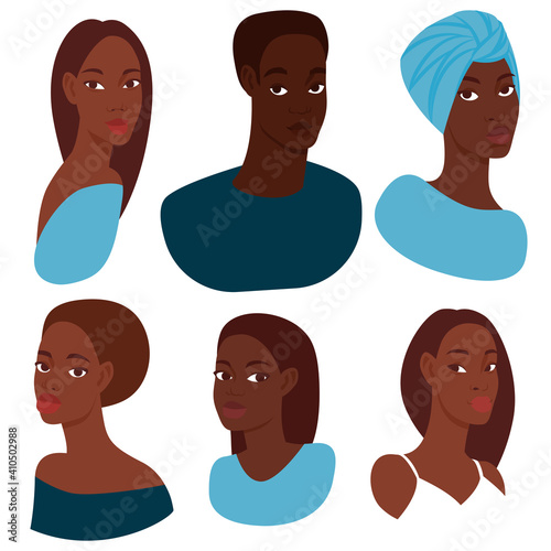 Portraits of 6 attractive dark-skinned women with different hairstyles