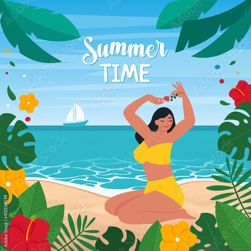 Woman sitting in swimsuit on sand beach landscape  summer background. Vector illustration in flat style