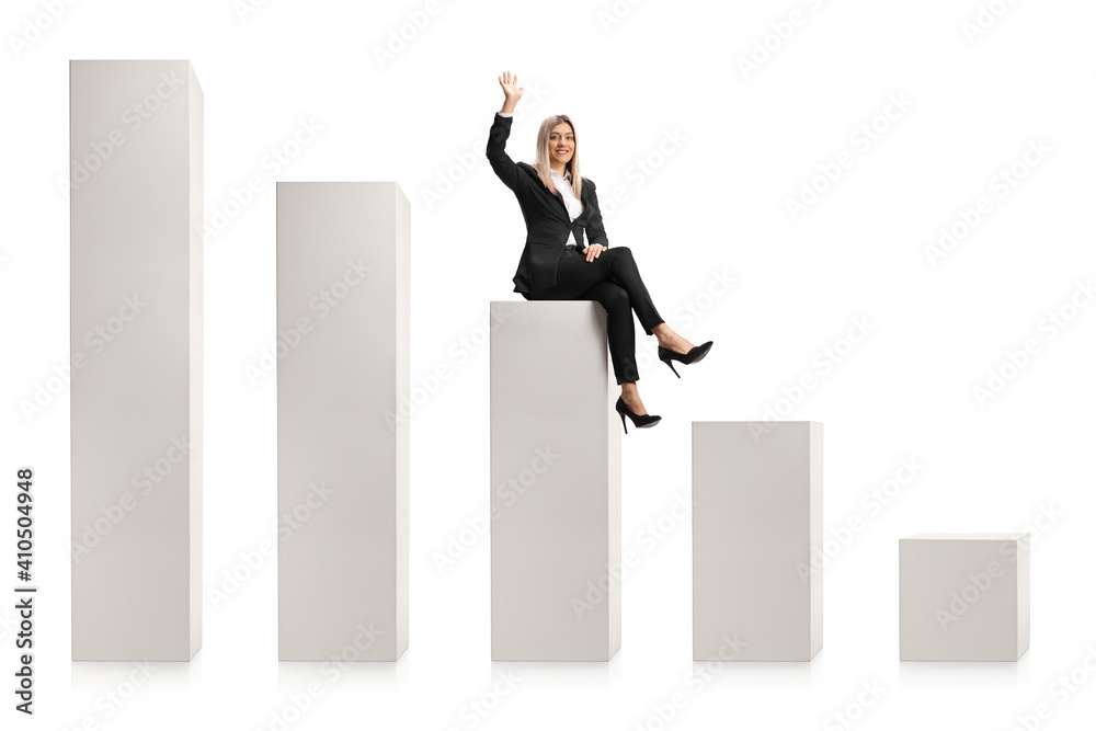 Businesswoman sitting on a graph chart and waving at camera Businesswoman sitting on a graph chart and waving at camera