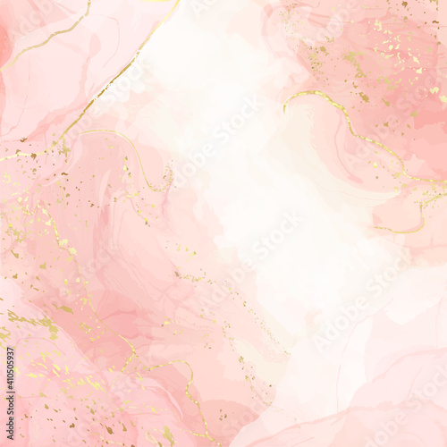 Abstract pink liquid watercolor background with golden crackers. Pastel marble alcohol ink drawing effect. Vector illustration inkscape design template for wedding invitation