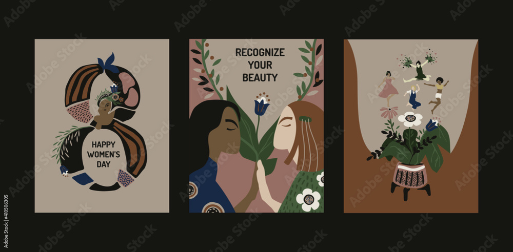International women's day set of cards. Abstract happy women's day posters. Geometric feminist illustration. Diversity, body-positive collection. Floral flyers for web and print use, invitations