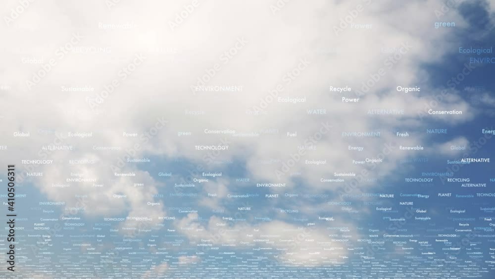 Sunny sky with clouds time lapse and concept ecology and environment word cloud animation.