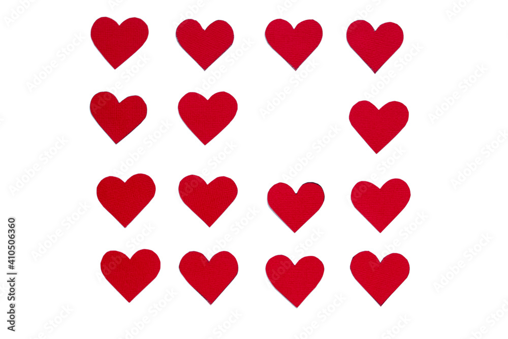 Set of red hearts on white background, saint valentine's day symbol
