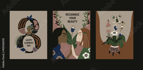 International women's day set of cards. Abstract happy women's day posters. Geometric feminist illustration. Diversity, body-positive collection. Floral flyers for web and print use, invitations