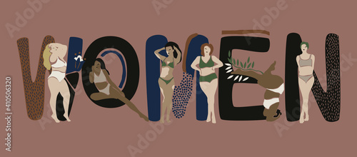 International women's day abstract banner. Feminist body-positive illustration of women of different color. Vector female collection for cards, invitations, posters, presentations, flyers, web, prints