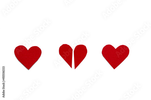 Three red hearts in a row on white background, saint valentine's day symbol