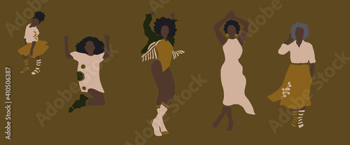Dancing african american women of different ages with botanical elements. Child, young girl, young woman, elderly woman. Trendy fem minimalistic feminist vector illustration. Ladies silhouettes.