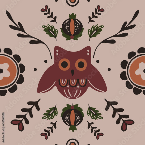 Cute seamless pattern with owl, floral decorations, oak leaves. Scandinavian pattern for wrapping paper, wallpaper, brand identity. Botanical and animal pattern for print and web use. 