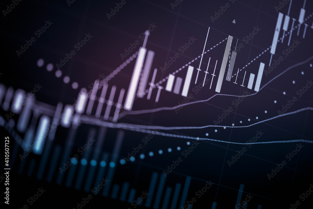 Obraz premium Stock market data on digital LED display. Fundamental and technical analysis with candle stick graph chart of stock market trading to represent about Bullish and Bearish point.