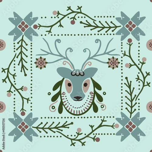 Scandinavian seamless pattern with deer, floral and abstract items. Holiday Christmas pattern for fabric, wallpaper, wrapping paper, brand identity. Winter vector illustration for Christmas cards.