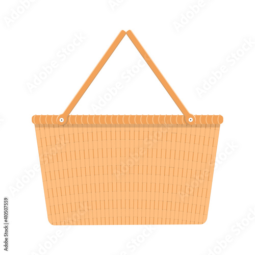 Country wicker picnic basket for Easter brunch, spring or summer outing. Woven willow basket in vintage style isolated on white background. Vector flat cartoon illustration.