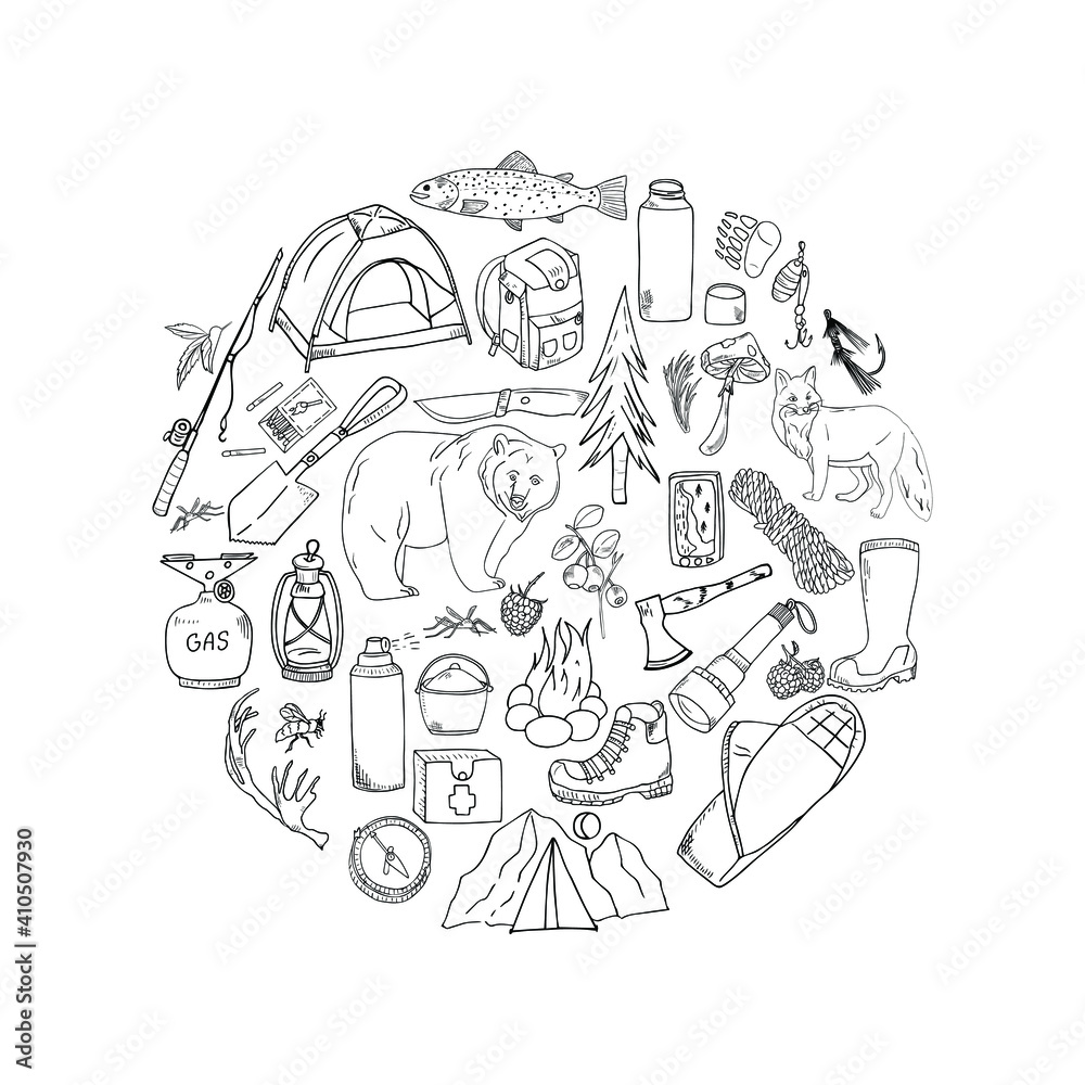 Set of camping and trekking elements. doodle forest rest. Outline hand drawing isolated .
